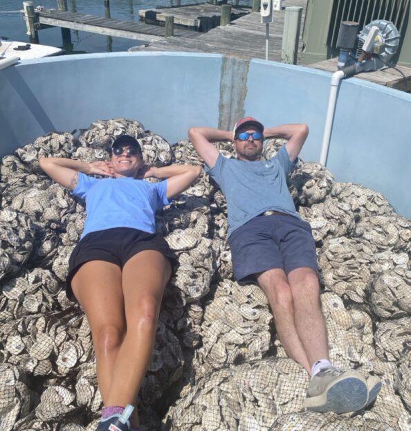 Oyster Restoration Specialist Jen Sagan and Tides Inn Resident Ecologist William Smiley, hanging with recycled oysters prior to introducing the larvae to the shell.