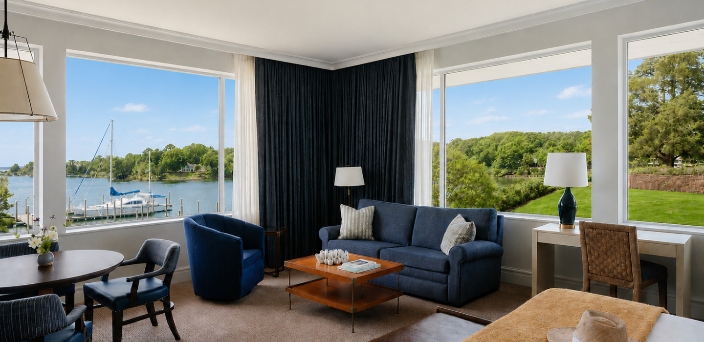 View out of corner windows overlooking marina.